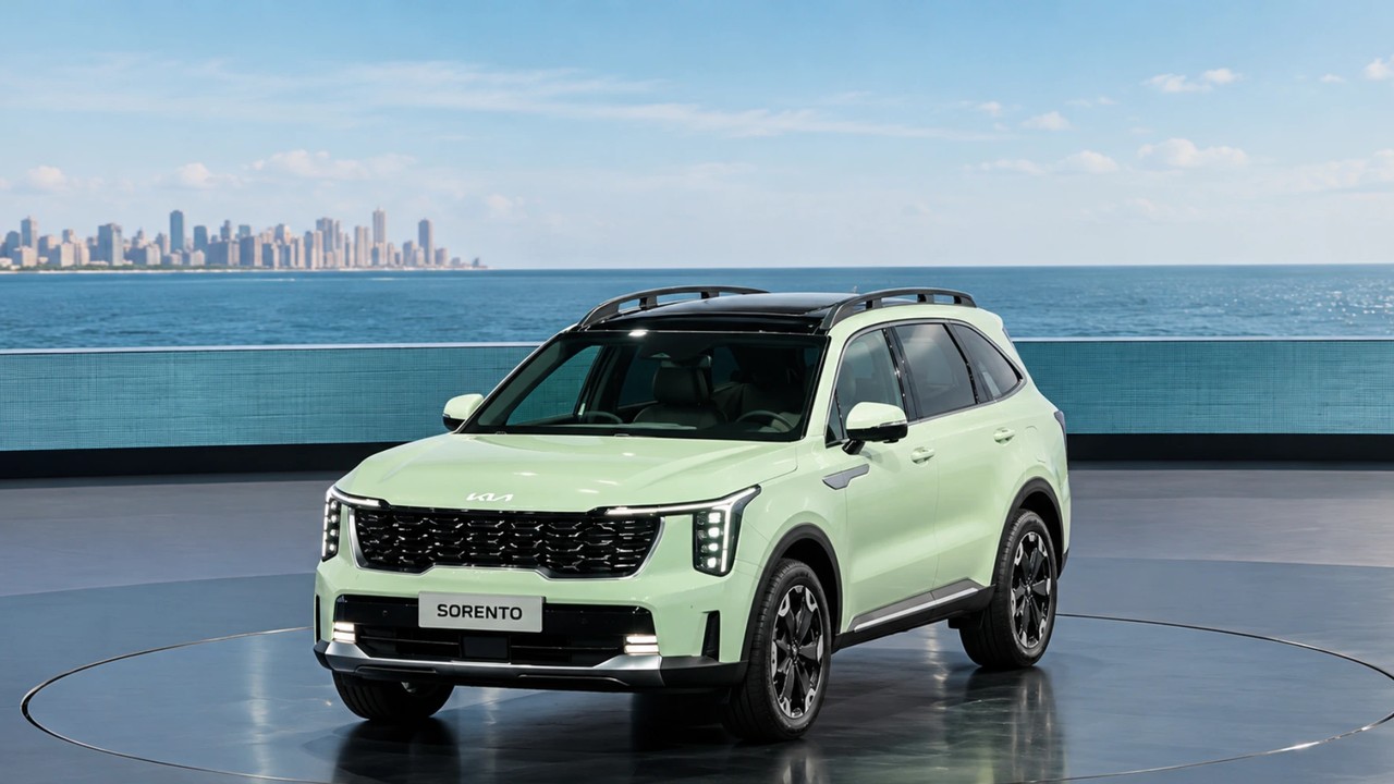 समुद्र किनारे खड़ी हल्के हरे रंग की Kia Sorento SUV का फ्रंट थ्री-क्वार्टर व्यू, नंबर प्लेट पर SORENTO लिखा